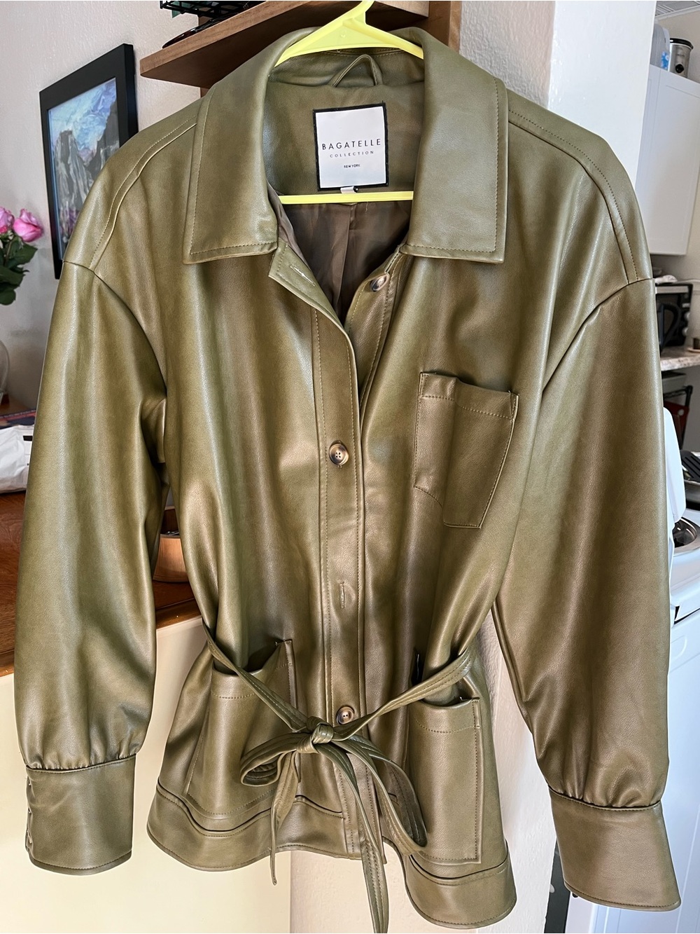 Bagatelle Olive Faux Leather Tie-Waist Jacket